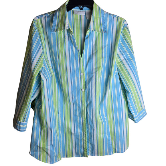 Worthington Shirt Women 1X Blue Green Stripe Button Front 3/4 Sleeve Stretch - Picture 1 of 12